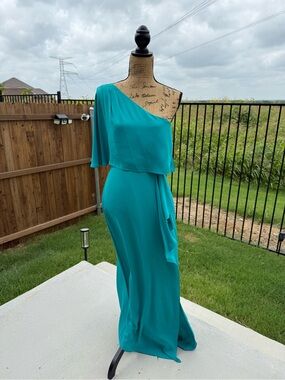 BCBGMaxAzria Teal One-Shoulder Evening Gown